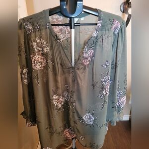 Reitmans Olive Floral Sheer Blouse